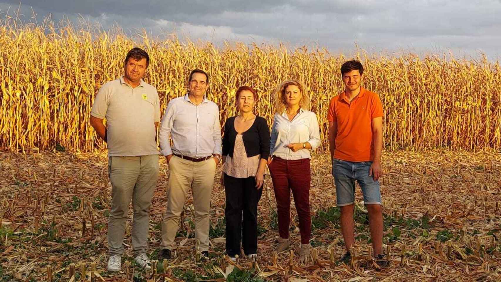 El agricultor y dirigente agrario Pedro Gallardo (2º izq.), con colegas rumanos en una visita a un campo de maíz en Rumanía.