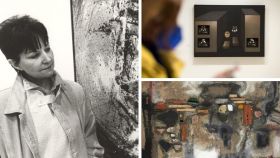 Collage con imágenes de sus obras y Juana Francés en una fotografía.