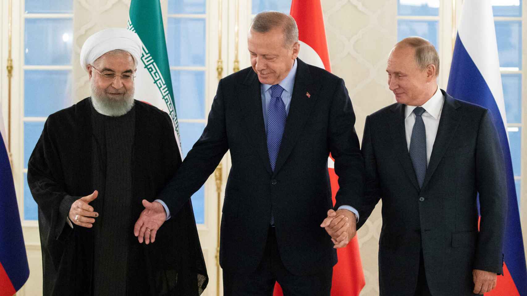 Los presidentes de Irán, Turquía y Rusia, Rohani, Erdogan y Putin, respectivamente, en 2019 en Moscú.
