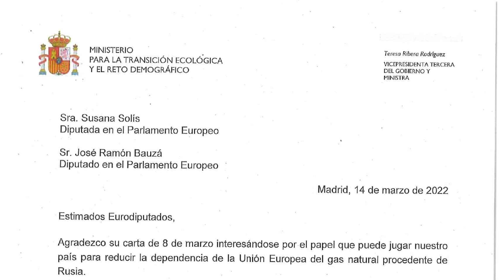 Carta de Teresa Ribera a los eurodiputados (Cs) Solis y Bauzá.