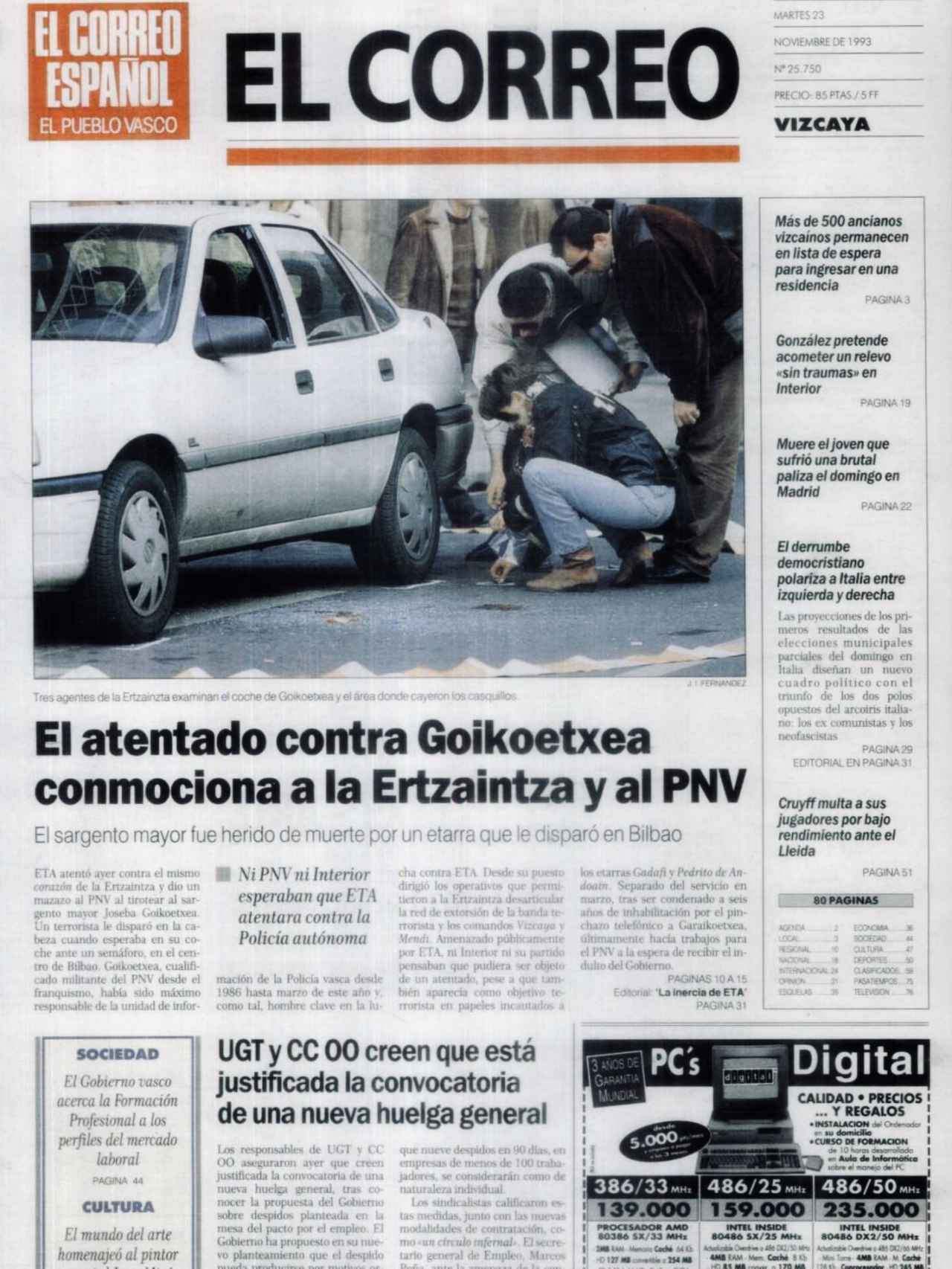 Portada de un periódico recogiendo las reacciones tras el asesinato de Goikoetxea.