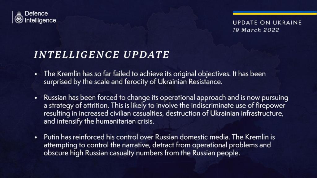 Informe de la inteligencia británica sobre el estado de la invasión rusa en Ucrania.