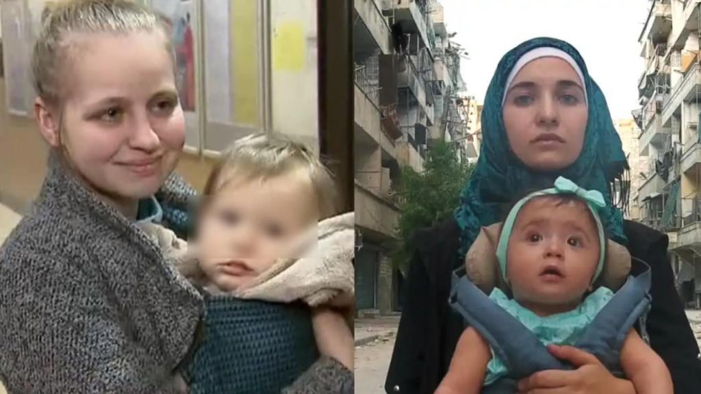 A la izquierda, un bebé ucraniano es acogido en Polonia tras cruzar la frontera. A la derecha, Waad al-Kateab, con su hija Sama en el documental nominado al Oscar 'For Sama'.