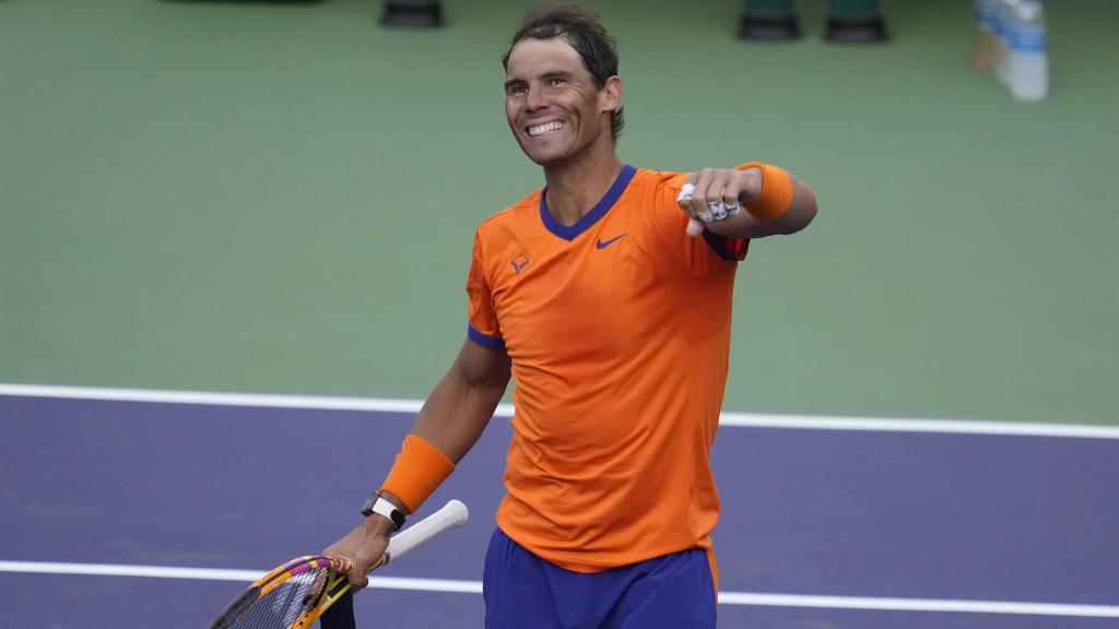 Nadal, celebrando su victoria ante Alcaraz en Indian Wells 2022