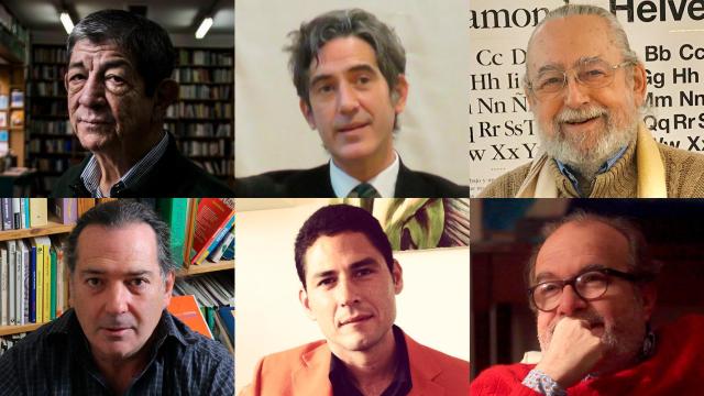 De izquierda a derecha y de arriba abajo, Chus Visor (Visor), Ignacio F. Garmendia (Vandalia), Jesús Munárriz (Hiperión), Pepo Paz (Bartleby), Raúl Alonso (Cántico) y Manuel Borrás (Pre-Textos)
