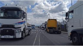 Caravana de camiones en el puerto de A Coruña.