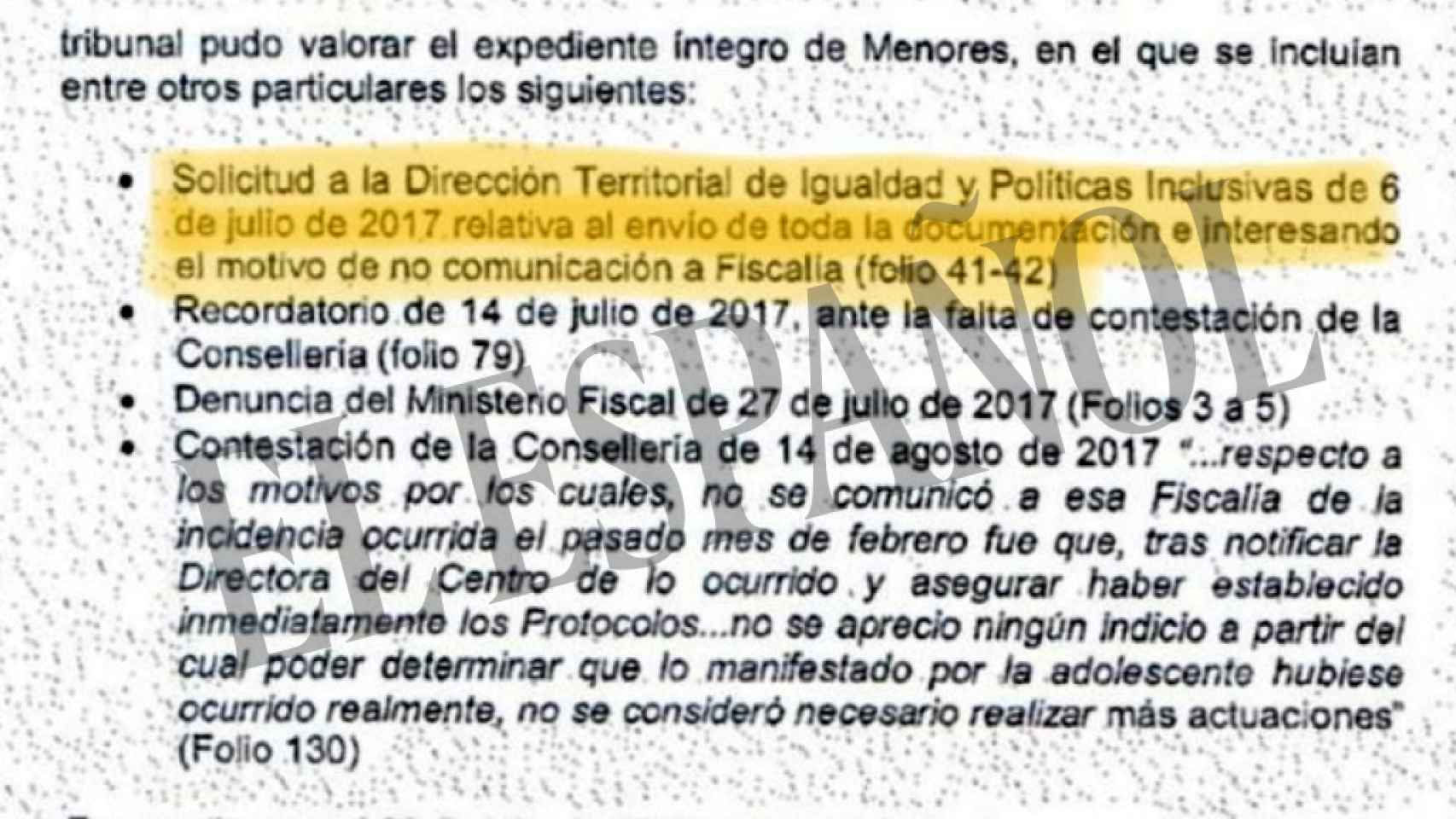 Extracto del informe de Fiscalía en el que se detallan las comunicaciones con conselleria.