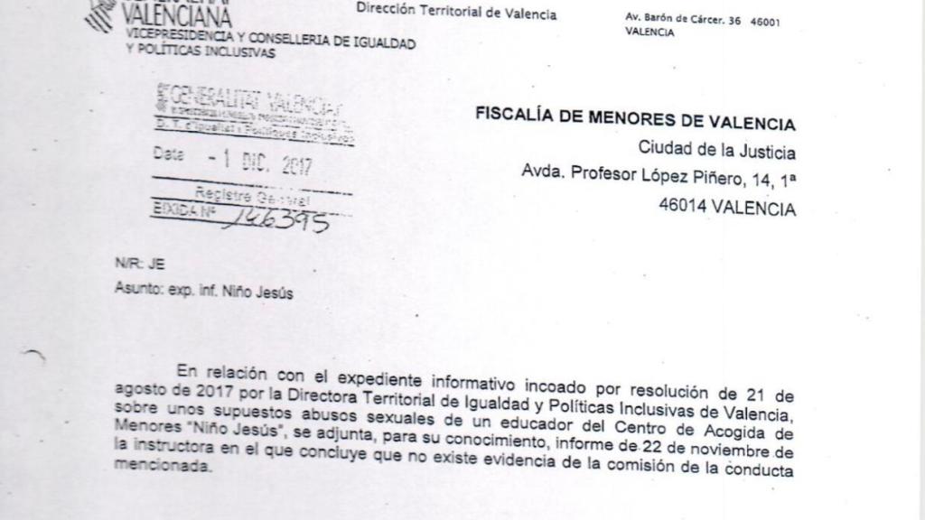 Notificación de conselleria a Fiscalía, en diciembre de 2017.