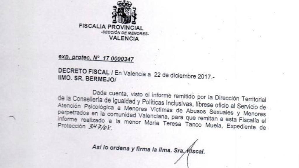 Respuesta de la fiscal a la conselleria tras recibir el expediente confidencial.