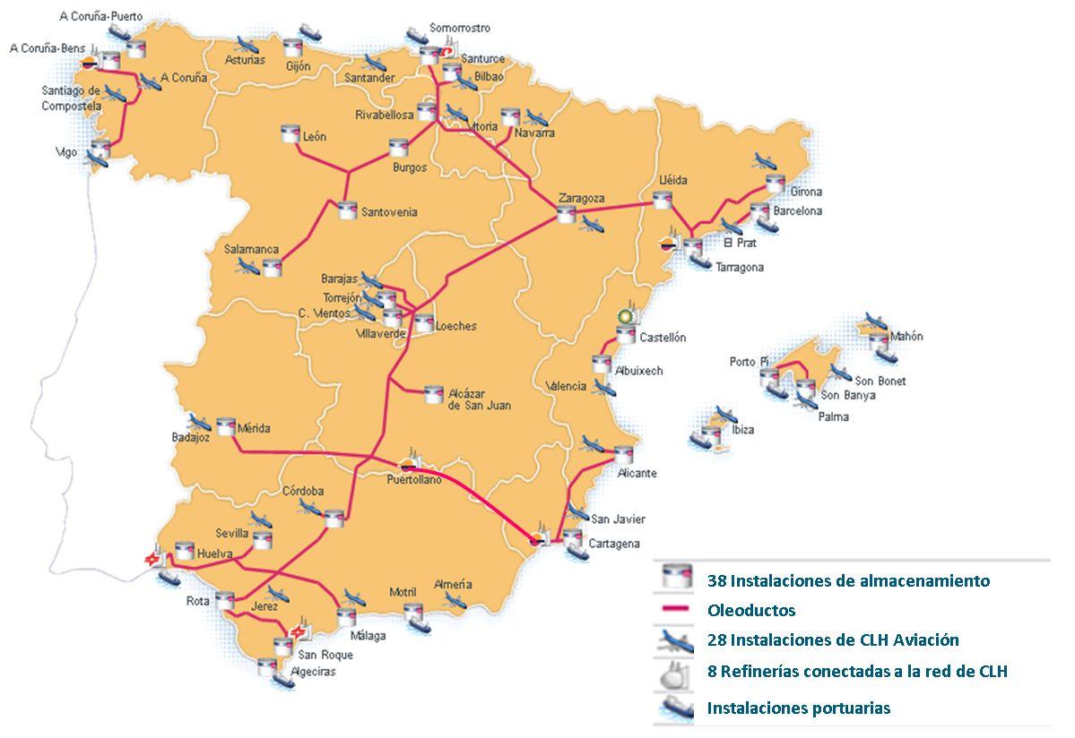 Red de oleoductos de CLH y situación de las refinerías en España (fuente: CLH)