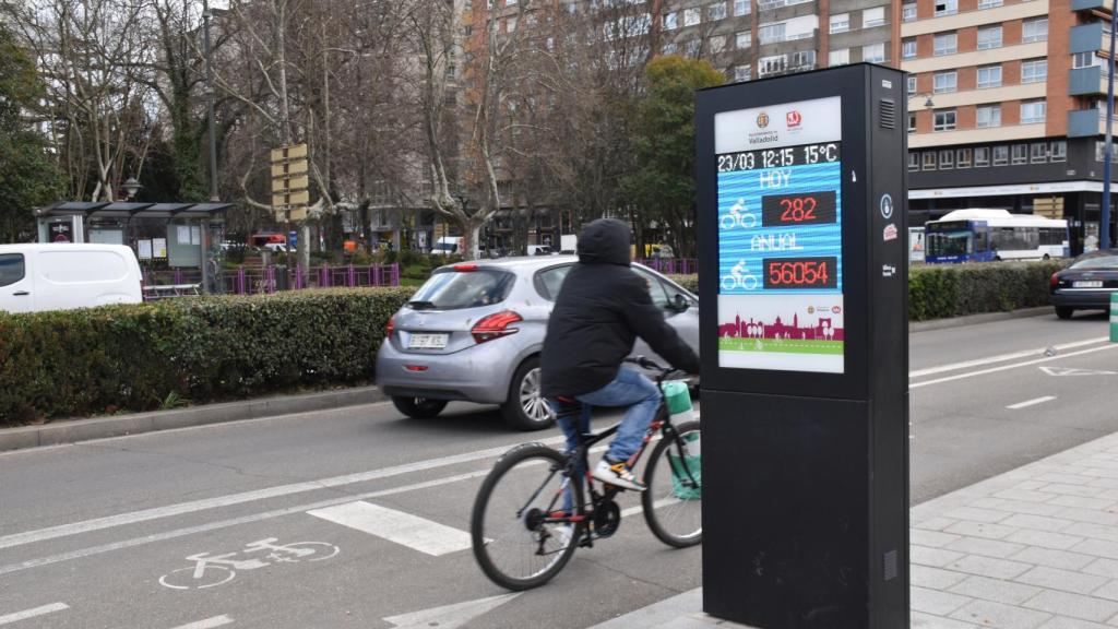 Un ciclista pasa por el carril habilitado para bicis en el paseo de Isabel La Católica de Valladolid