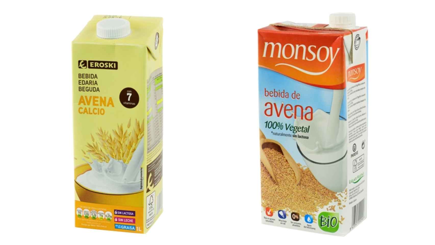 A la izquierda, la bebida de avena calcio de Eroski y, a la derecha la bebida de avena bio de Monsoy , las mejores para la OCU.