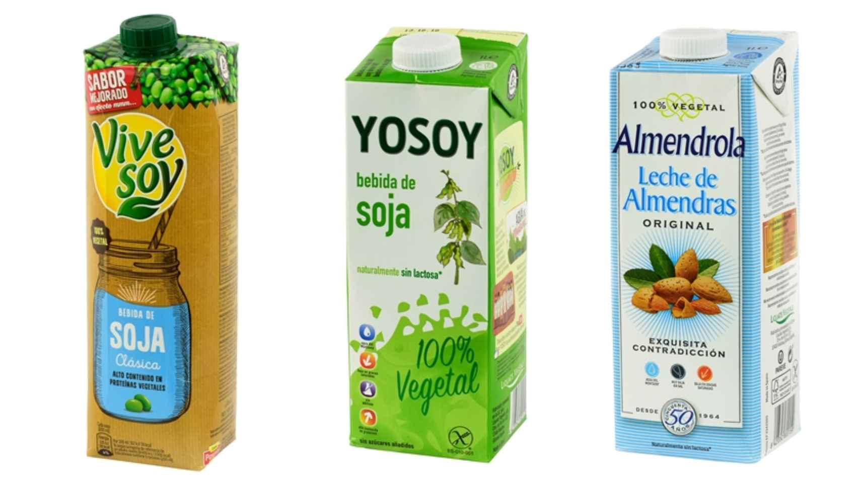 La bebida de soja clásica de Vive Soy, la bebida de soja de Yosoy y la leche de almendras Almendrola Original, que tienen una nota de 68 sobre 100