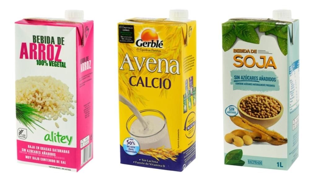 La bebida de avena y calcio de Gerblé, la bebida de soja de Hacendado y la bebida de arroz de Alitey (Mercadona).