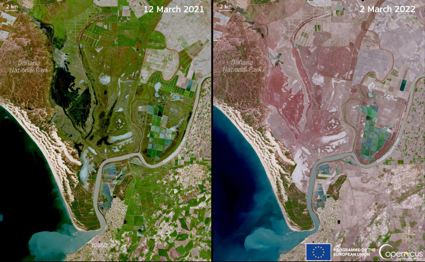 Imágenes comparativas entre marzo 2021 y marzo 2022 adquiridas por los satélites Copernicus Sentinel-2.