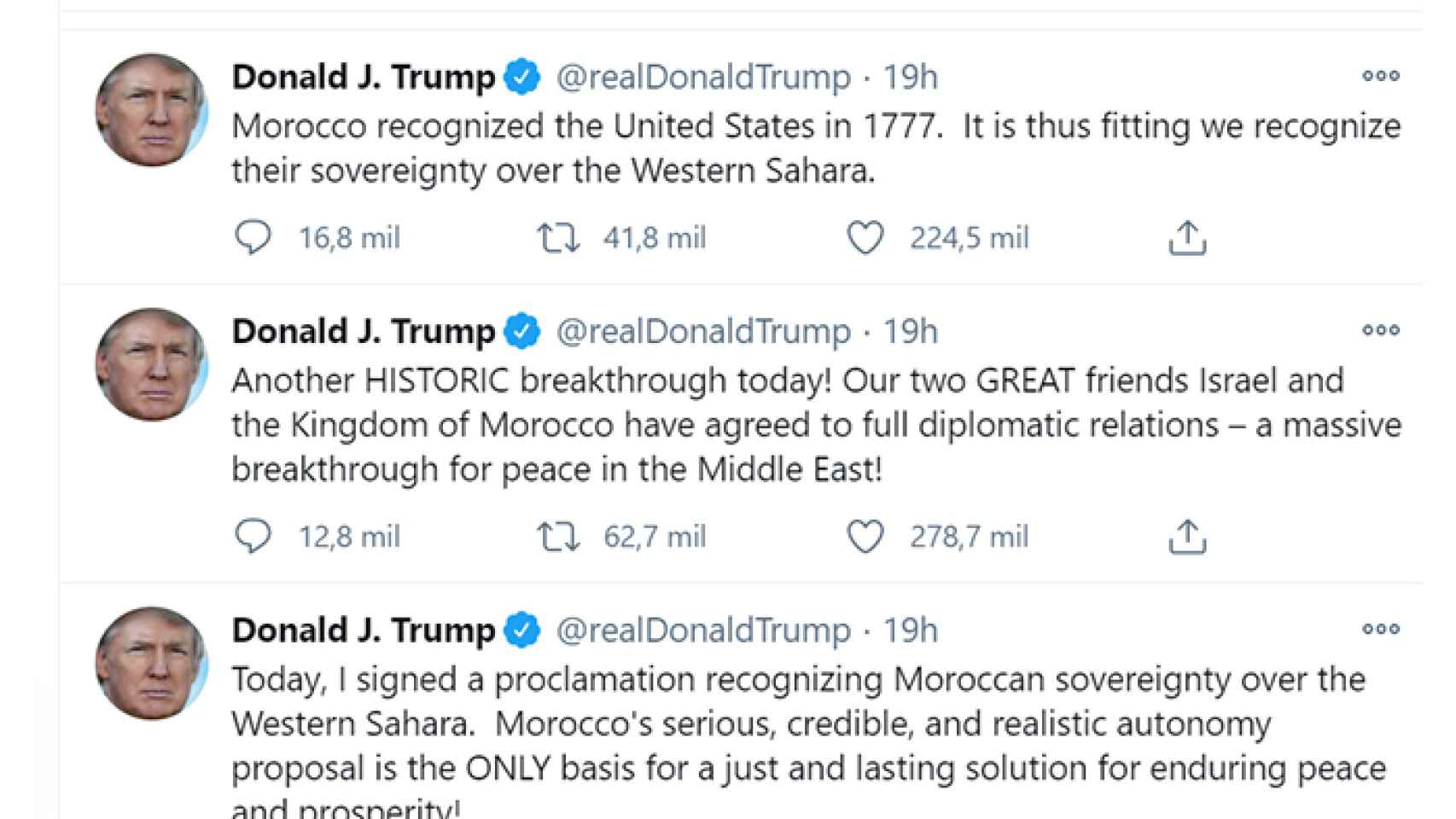 El expresidente de los EEUU, Donald Trump, anuncia que reconoce la soberanía de Marruecos sobre el Sáhara Occidental, en unos tuits de diciembre de 2010.