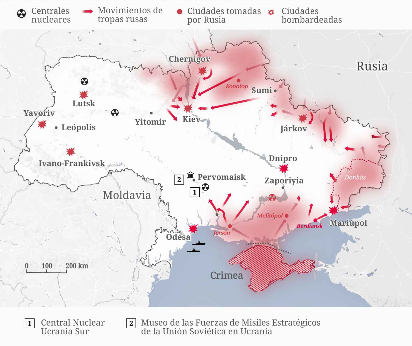 Mapa del avance militar ruso y el territorio ocupado en Ucrania. La ciudad de Pervomaisk y la antigua base de misiles atómicos está a 80 kilómetros al norte de la central de energía nuclear Ucrania Sur.