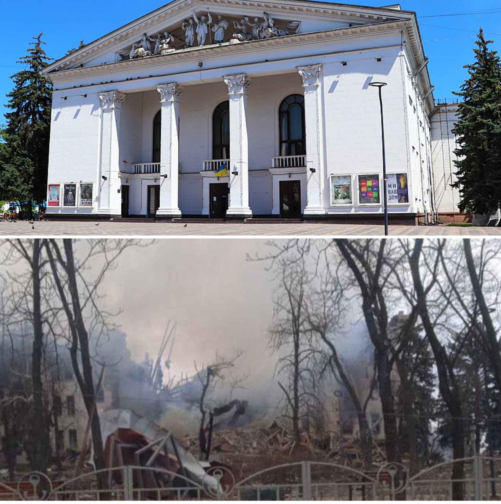 El antes y después del teatro de Mariúpol.