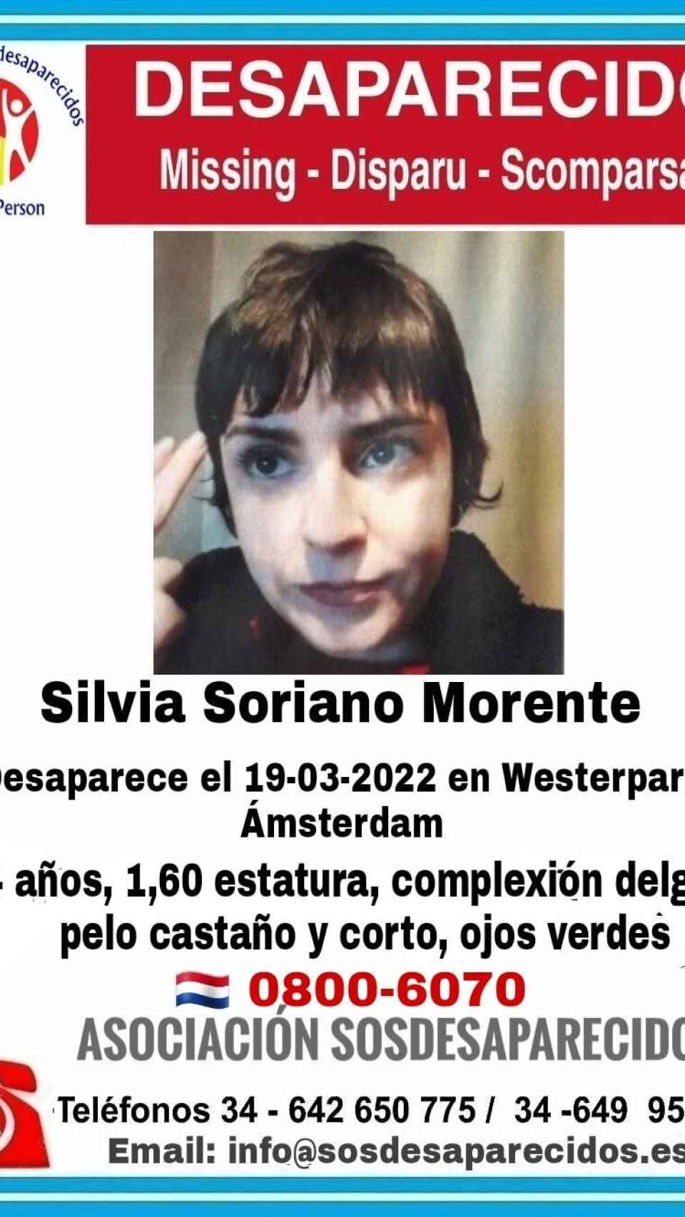El cartel que difundió SOS Desaparecidos para pedir ayuda en la búsqueda de Silvia Soriano Morente.