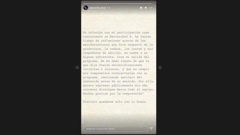 Comunicado colgado por Saray Carrillo en su perfil de Instagram.