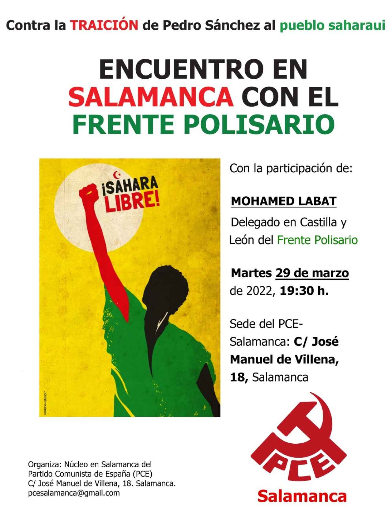 Cartel del encuentro entre el PCE-Salamanca y el Frente Polisario