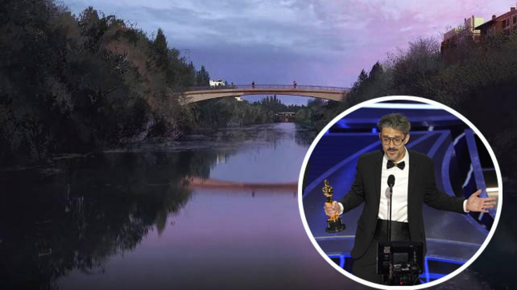 Montaje de Alberto Mielgo sobre la escena de su corto donde puede verse la pasarela sobre el río Bernesga