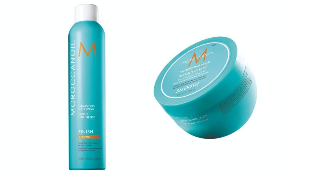 El spray de Fijación Luminoso Fuerte de Moroccanoil y la mascarilla suavizante.