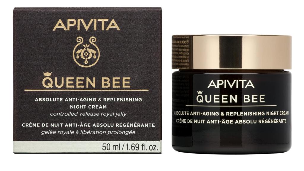 Reduce las arrugas, mejora la densidad de la piel y redefine el  óvalo facial con Jalea Real de liberación controlada. Crema Queen Bee de noche. Apivita PVPR* 89 €