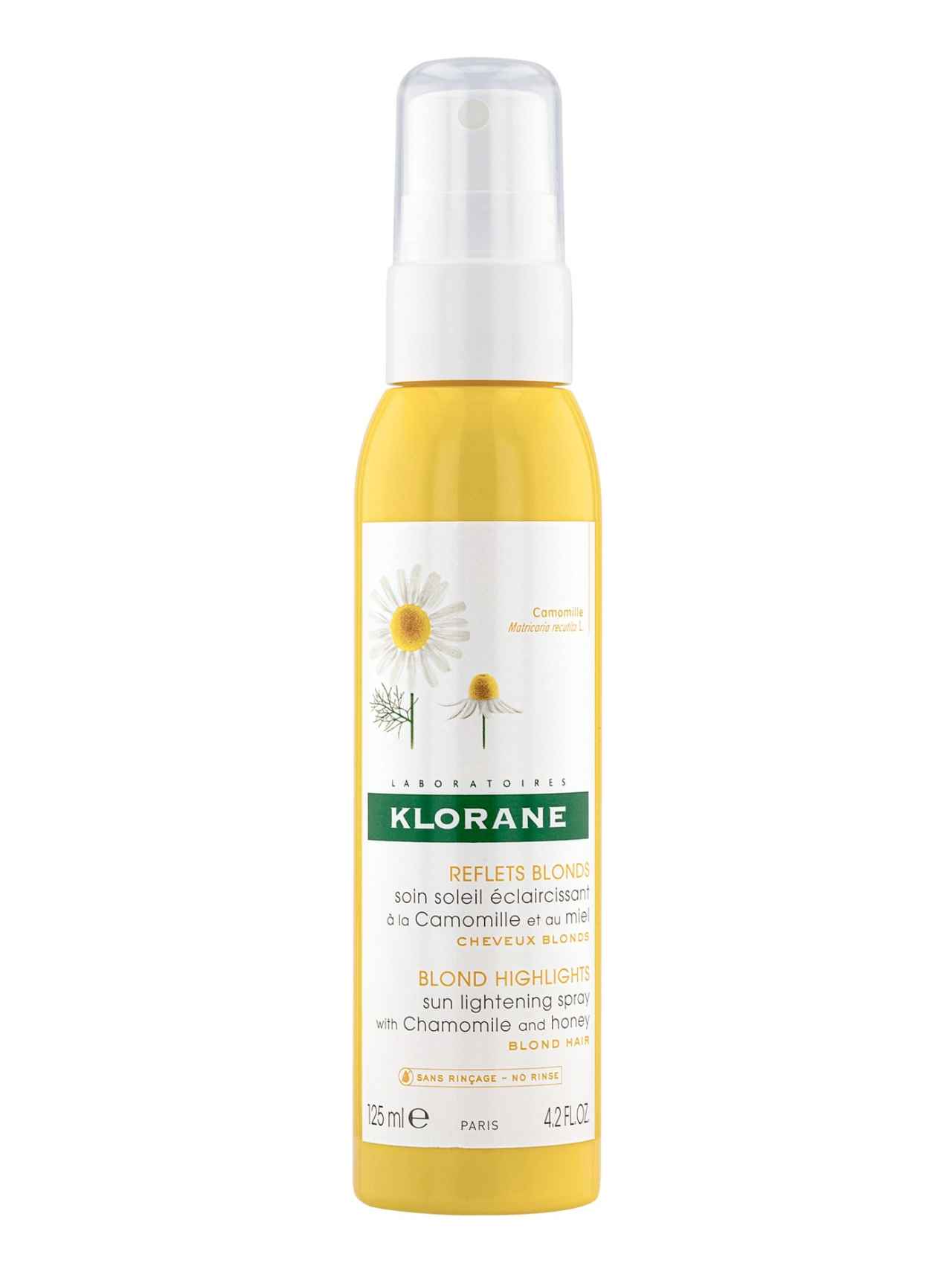 Apto para toda la familia a partir de los 3 años. Spray  solar aclarador de Klorane con extracto de camomila y miel: dos ingredientes naturales suaves indicados especialmente para el cabello rubio o castaño claro. P.V.P 12,95 €