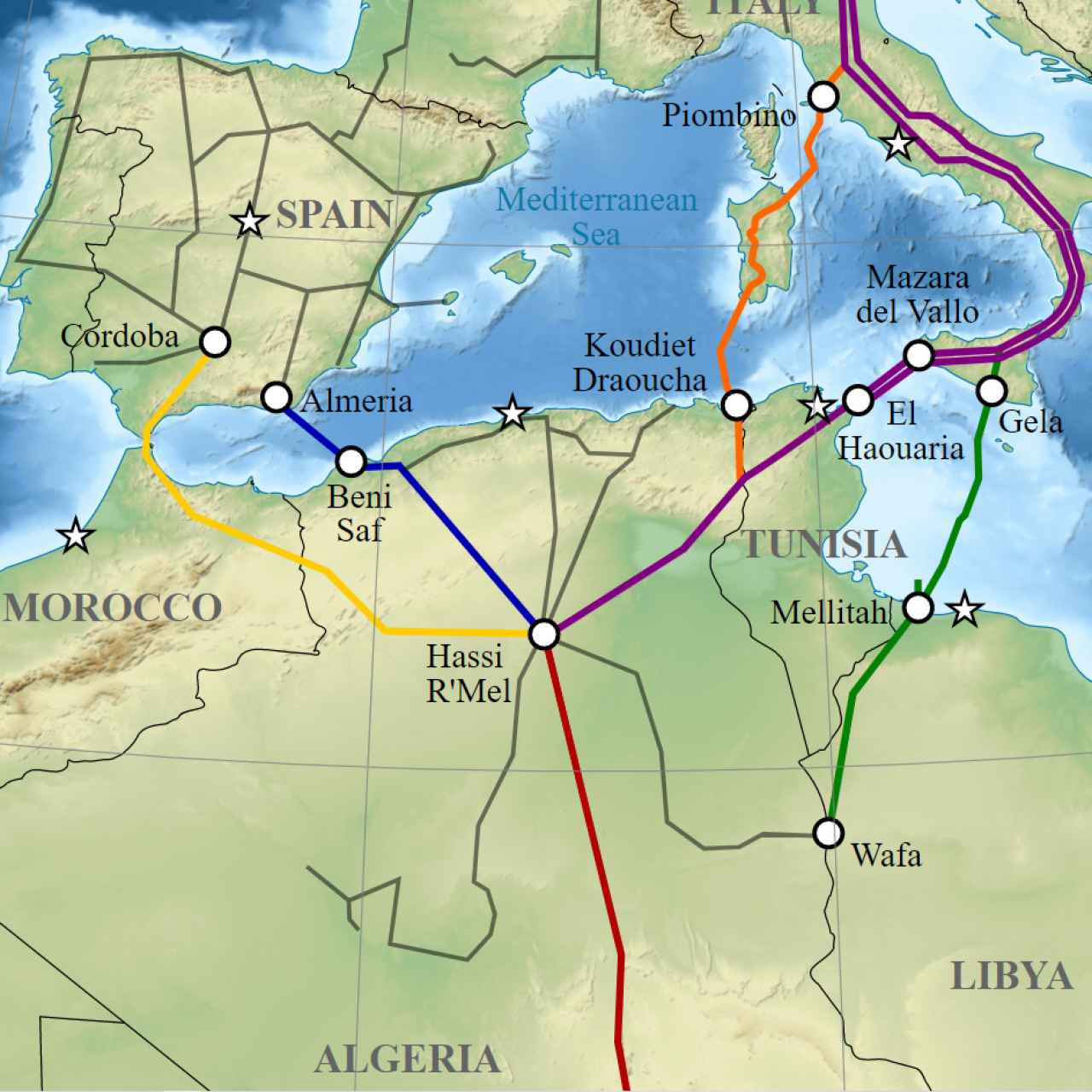 Mapa de los gasoductos del Mediterráneo y el Sáhara que abastecen a Europa desde África.