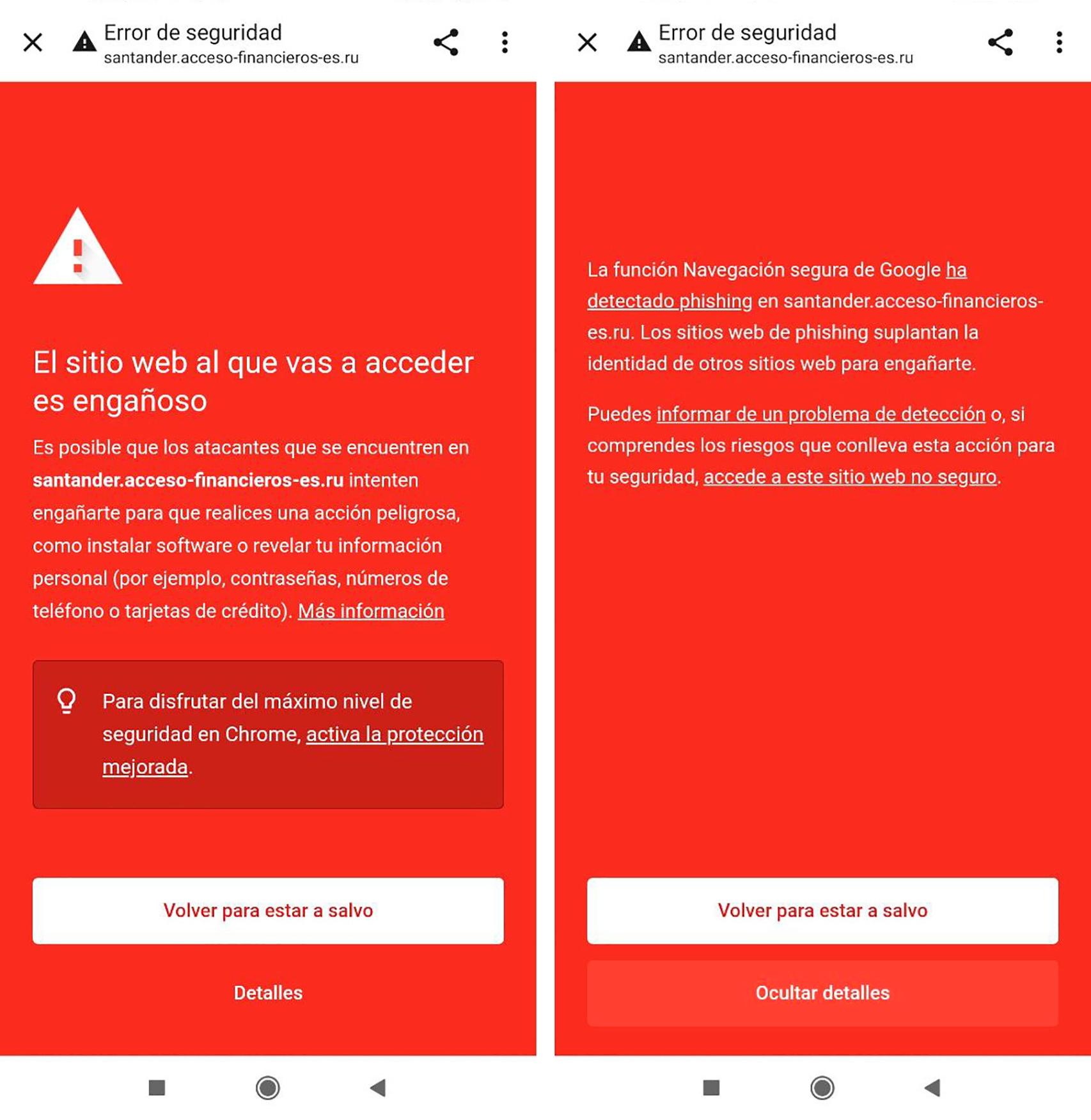 Aviso del navegador al pulsar sobre el enlace fraudulento de phishing