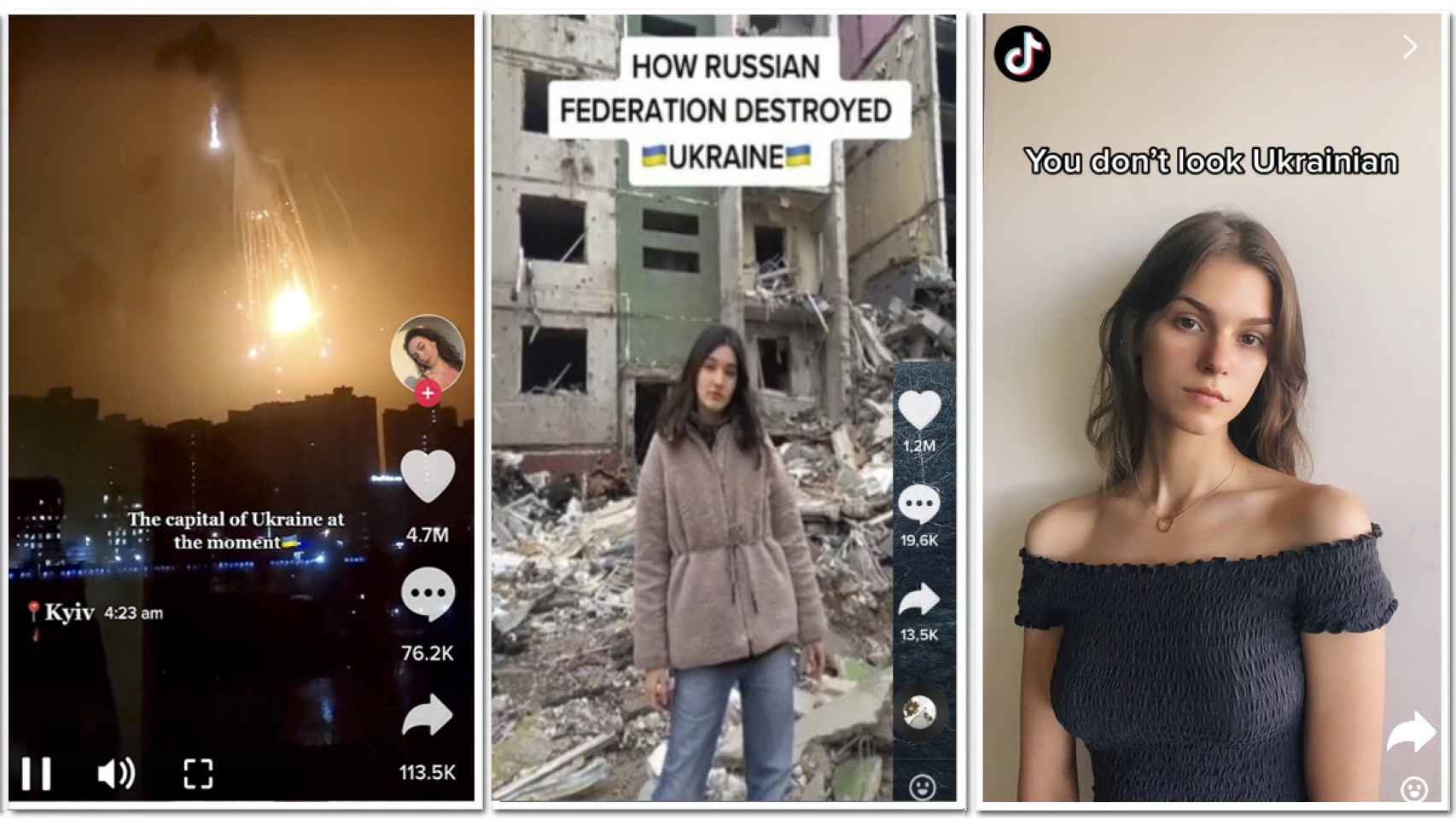 Pantallazos de imágenes publicadas en TikTok relacionadas con la guerra en Ucrania.