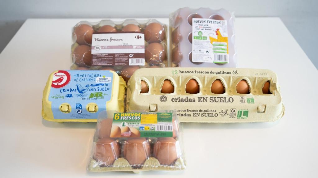 Las cinco paquetes de huevos de gallina de los supermercados testados en la cata.
