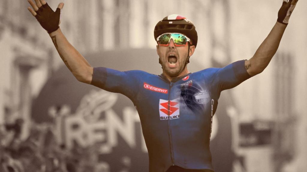 Sonny Colbrelli, en un fotomontaje con el desfibrilador.