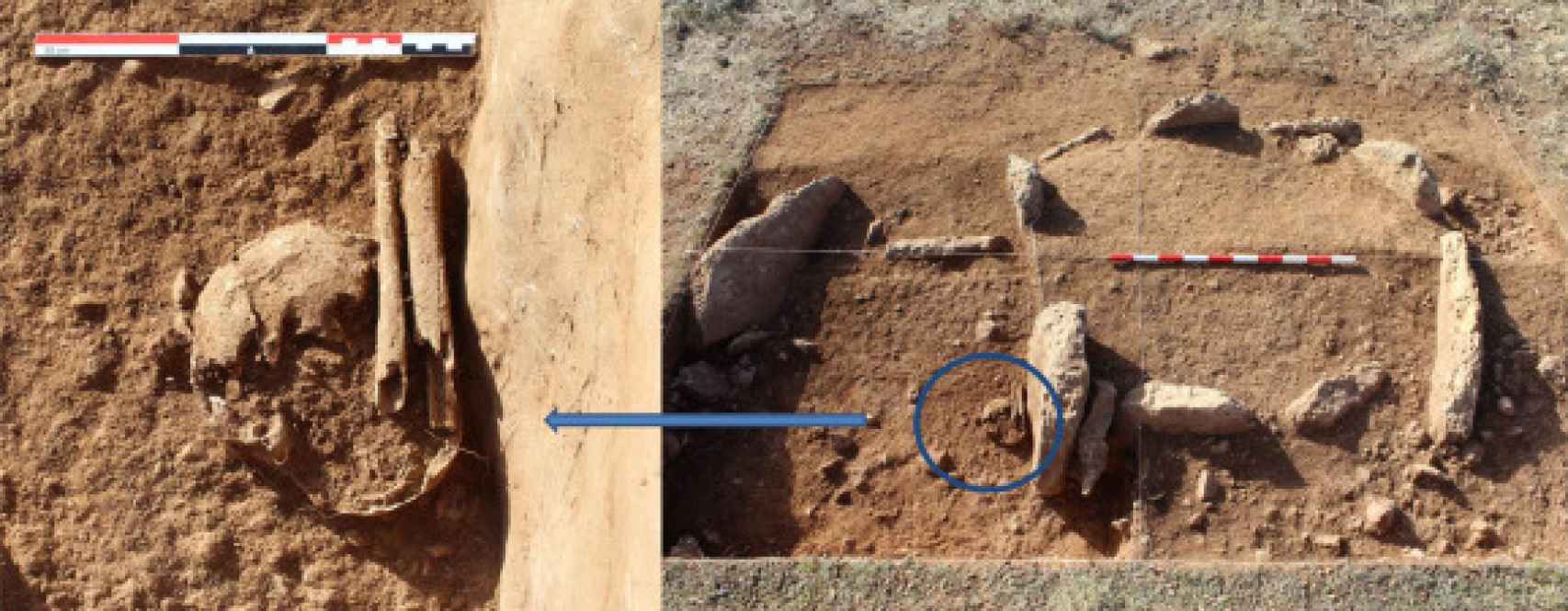 Enterramiento en fosa junto a la cámara funeraria de la Tumba 15. Derecha: ubicación de la fosa. Izquierda: detalle de los restos óseos humanos.