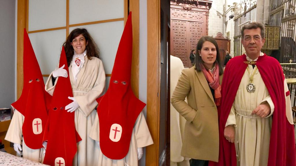 María José posa con el hábito del Silencio junto a sus niños, Lucas y Mateo | Sonsoles posa junto a su padre, Rufo, durante la última procesión