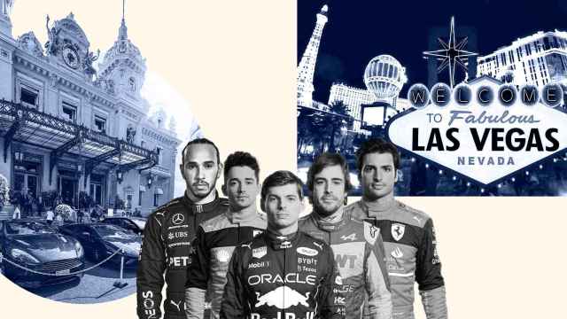 Fotomontaje de Mónaco, Las Vegas, Lewis Hamilton, Charles Leclerc, Max Verstappen, Fernando Alonso y Carlos Sainz