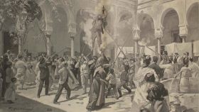 Ajusticiamiento de Judas en un patio de vecinos de Sevilla a finales del siglo XIX. Dibujo de Gennaro D’Amatto.