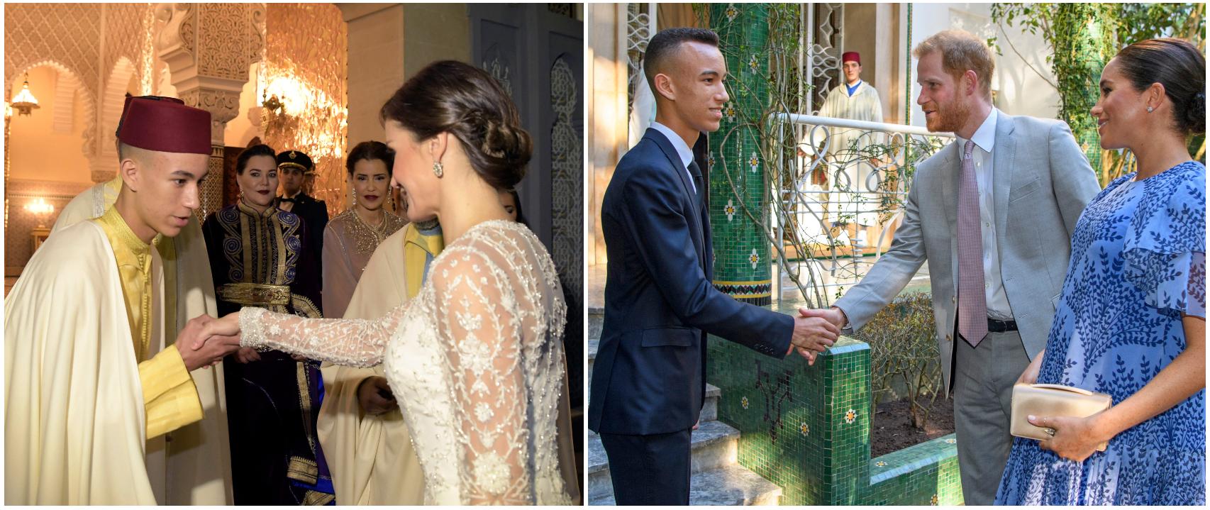 El heredero alauita saludando a la reina Letizia, y al príncipe Harry y Meghan Markle, en 2019.