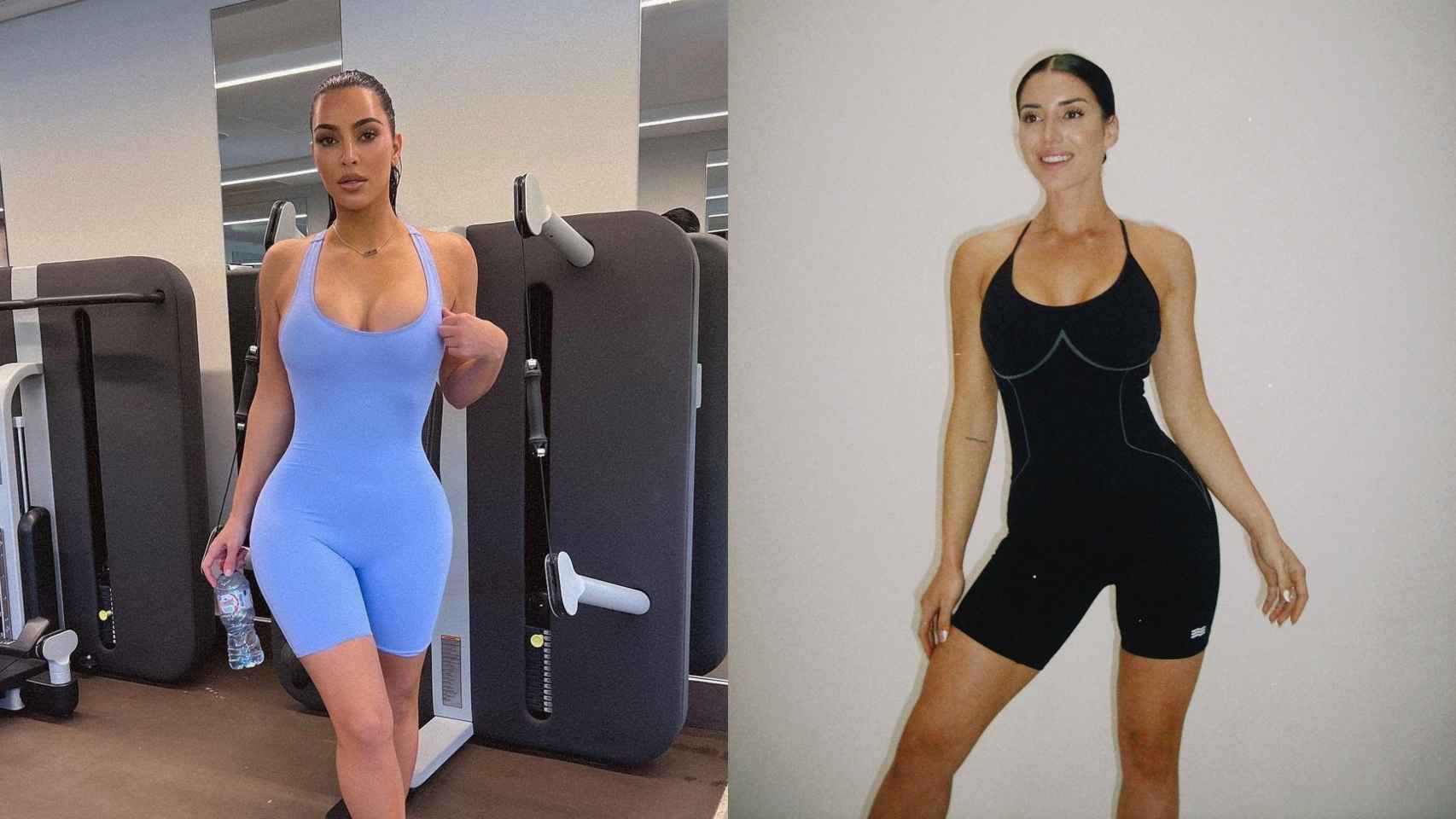 Kim Kardashian con su mono azul y el nuevo modelo de 'bodysuit' deportivo de Role Clothing.