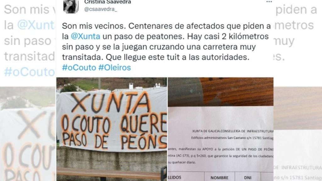 Tweet de Cristina Saavedra en apoyo a los vecinos de O Couto