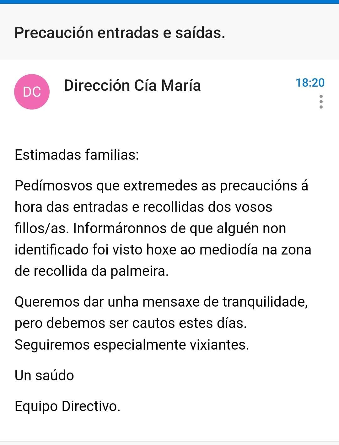 Comunicado enviado a los padres del centro coruñés. Foto: CEDIDA