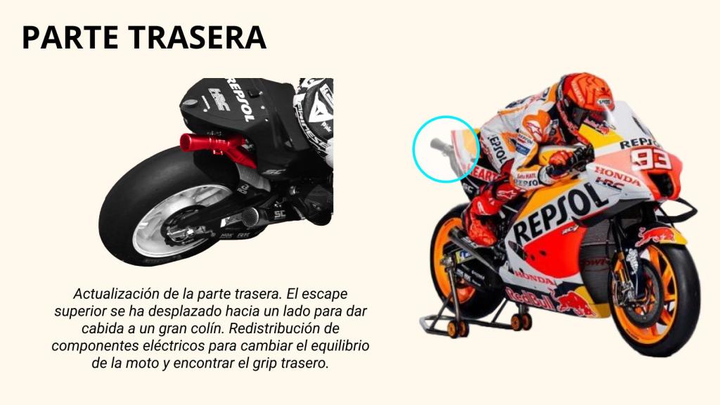 Parte trasera de la Honda 213V del equipo Repsol en 2022