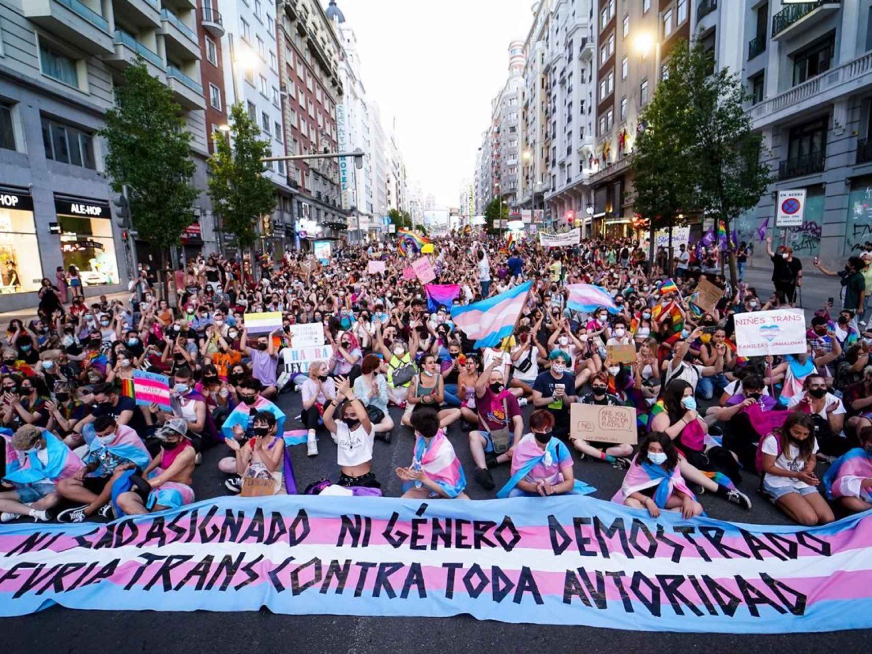 Cientos de personas en una manifestación del colectivo trans en la Gran Vía de Madrid.