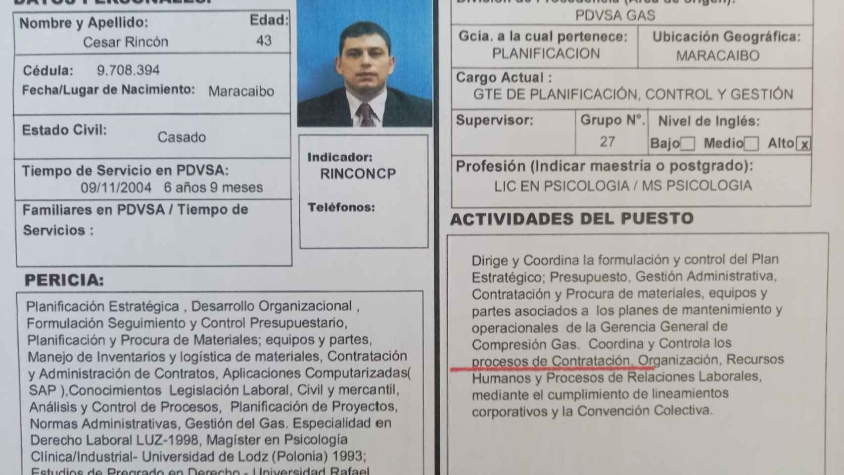 Ficha de César Rincón Godoy (hoy en prisión en EEUU) como directivo de PDVSA.