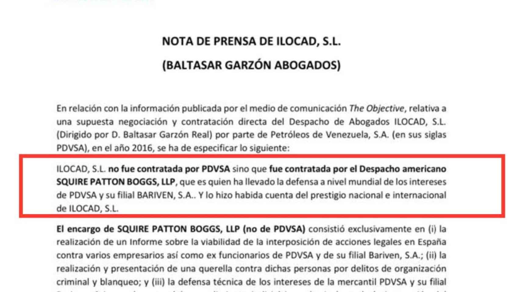 Ilocad informa de que fue contratada por la firma de abogados Squire Patton Boggs, de EEUU, para ejercer la acusación en representación de PDVSA en España.