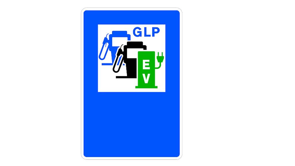 Señal que indica el combustible en negro, punto de recarga en verde y GLP en azul.