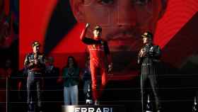 Podio del Gran Premio de Australia de F1 en 2022: Charles Leclerc, 'Checo' Pérez y George Russell