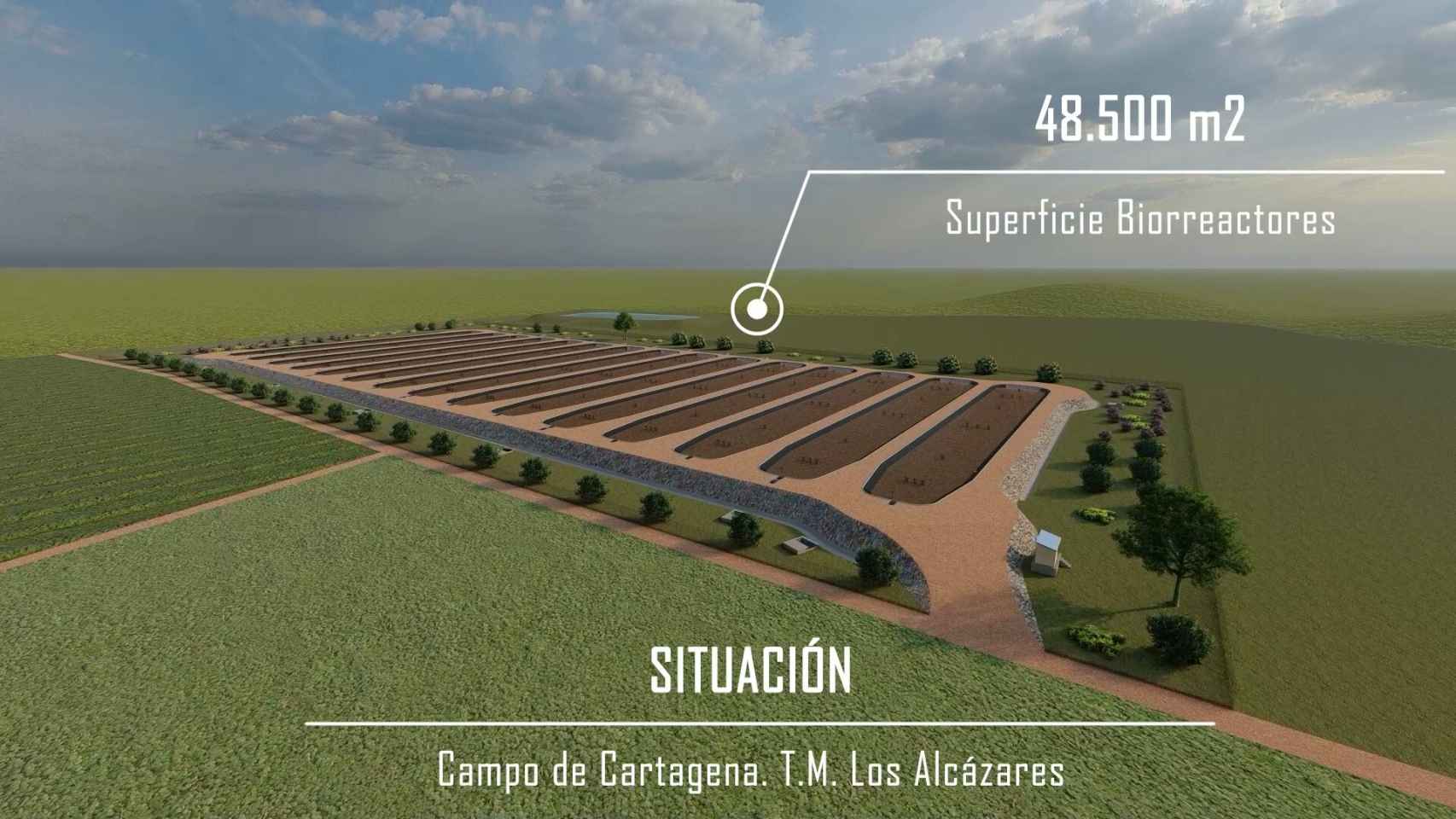 Una recreación de los biorreactores y balsas con astillas que el Gobierno de Murcia habilitará para desnitrificar agua.