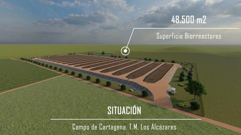 Una recreación de los biorreactores y balsas con astillas que el Gobierno de Murcia habilitará para desnitrificar agua.